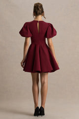 Emelia | Burgundy Puff-Sleeve Skater Mini Dress