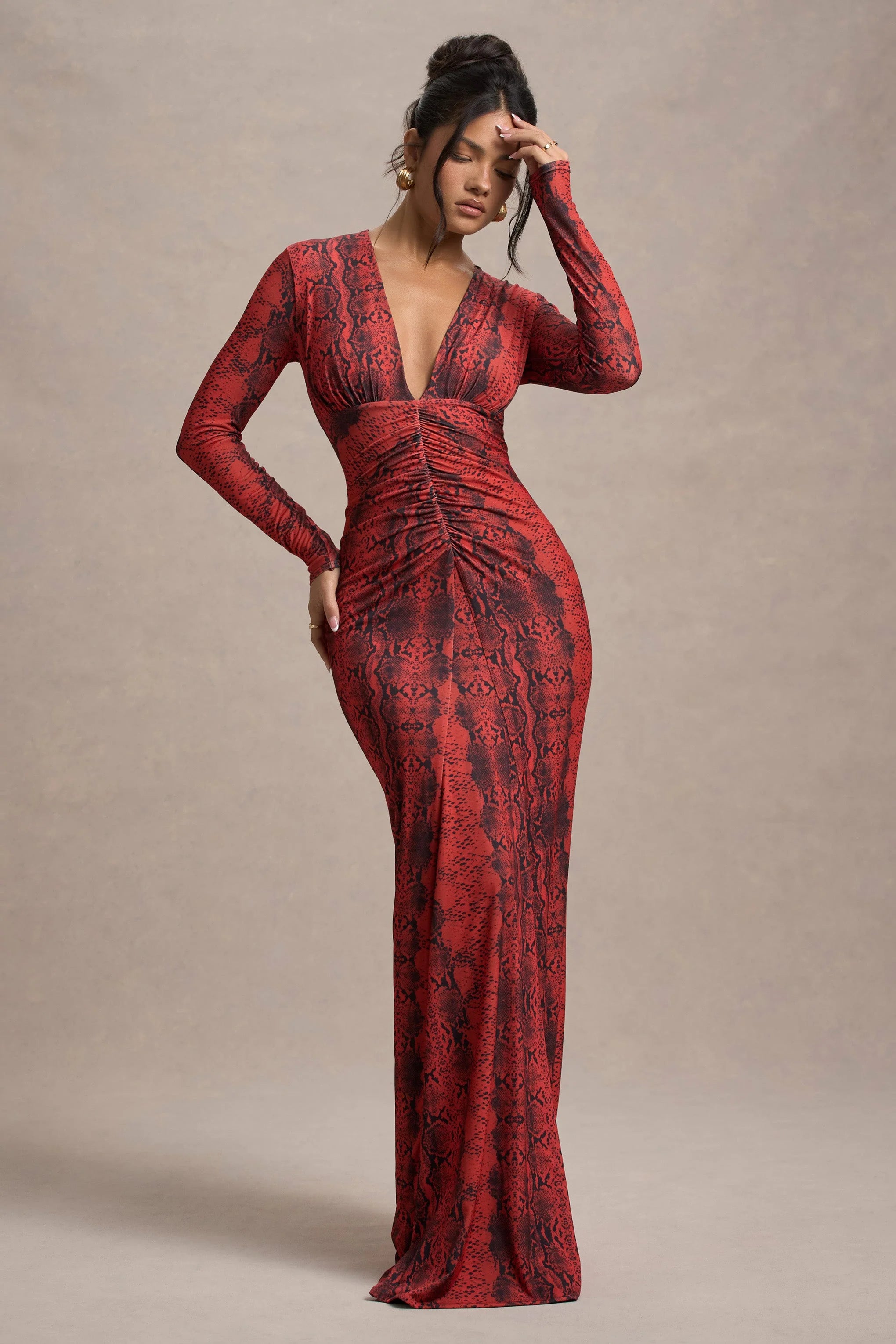 Mamba | Red Snake Print Plunge-Neck Long-Sleeve Maxi Dress