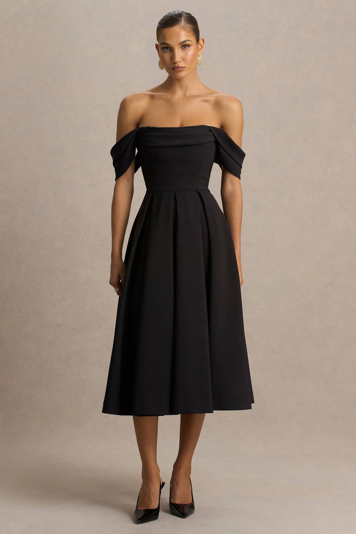 Cosima | Black Bardot-Neck Midi Dress