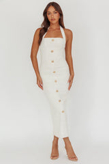 She Is Button Front Halter Midi Dress Tweed White