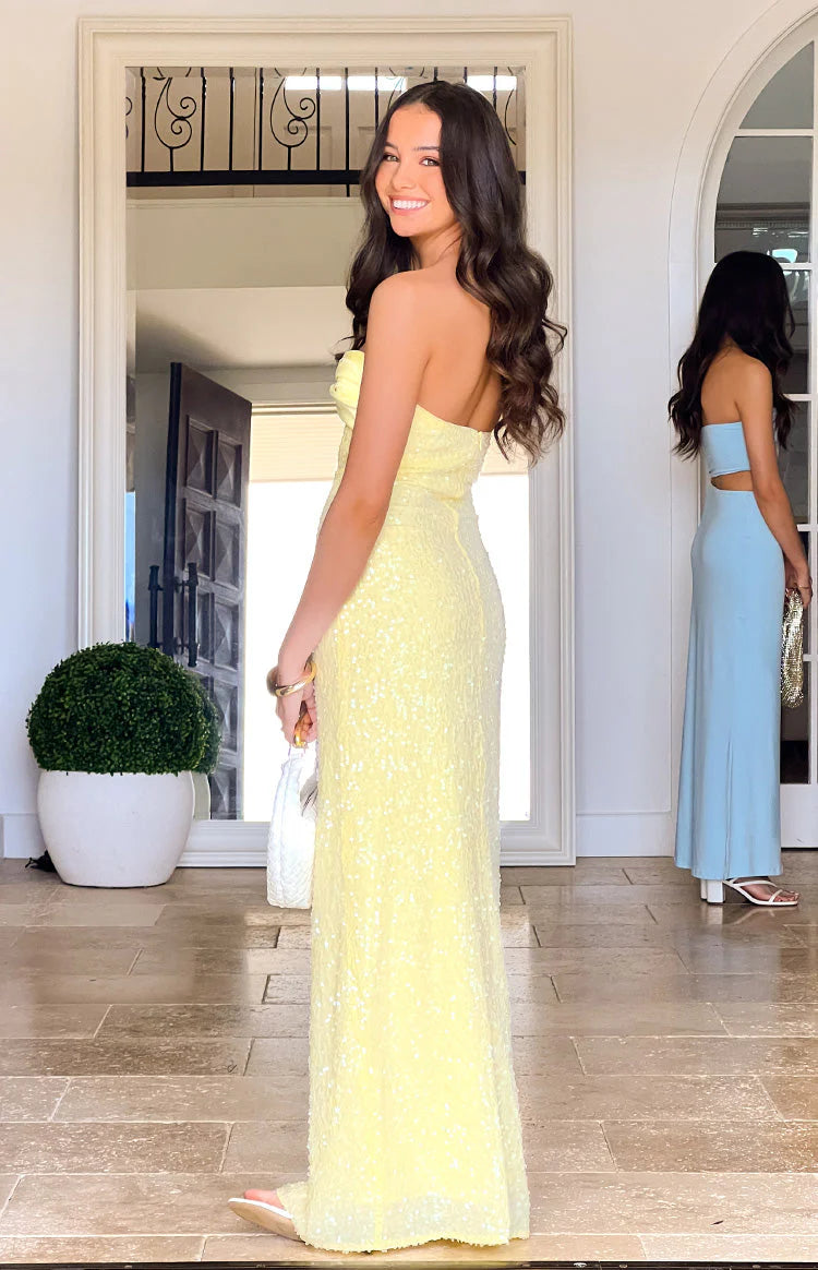 Ashley Yellow Sequin Strapless Maxi Dress