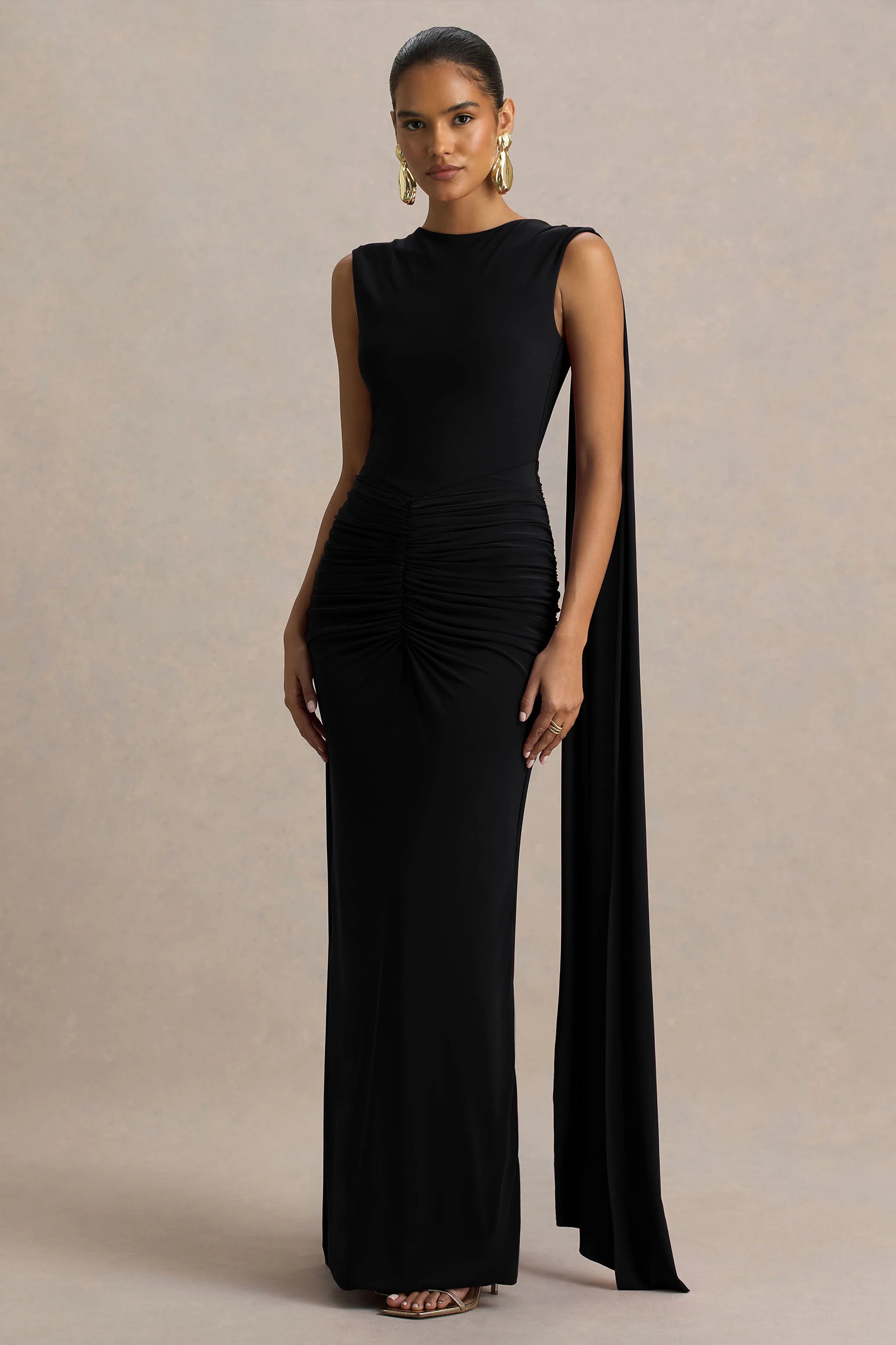 Premiere | Black Boat-Neck Maxi Dress With Open-Back And Cape-Sleeves
