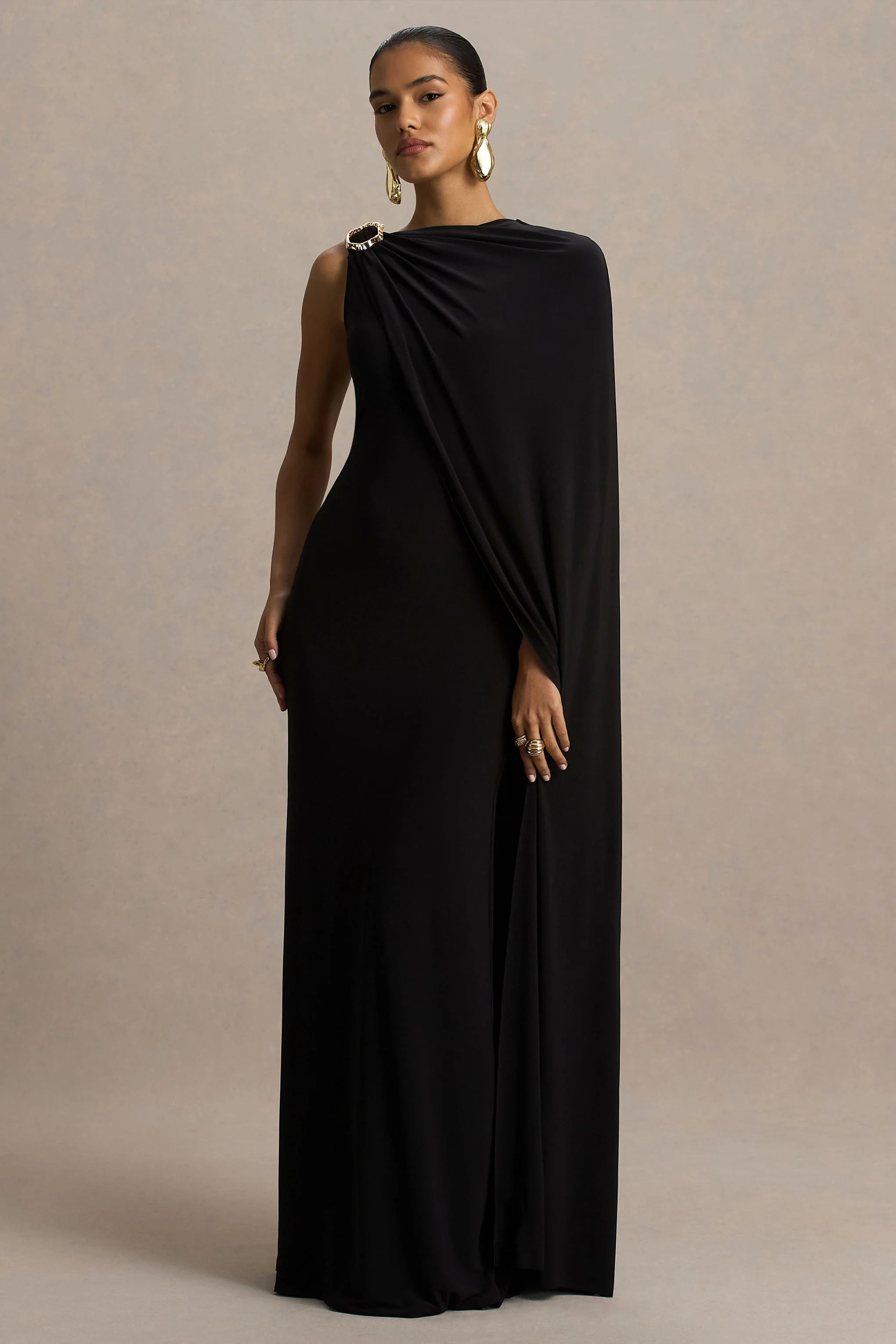 Cressida | Black Asymmetric-Neck Maxi Dress With Cape And Gold Detail