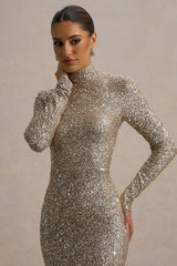 Galaxy | Champagne Sequin Turtle-Neck Long-Sleeve Maxi Dress