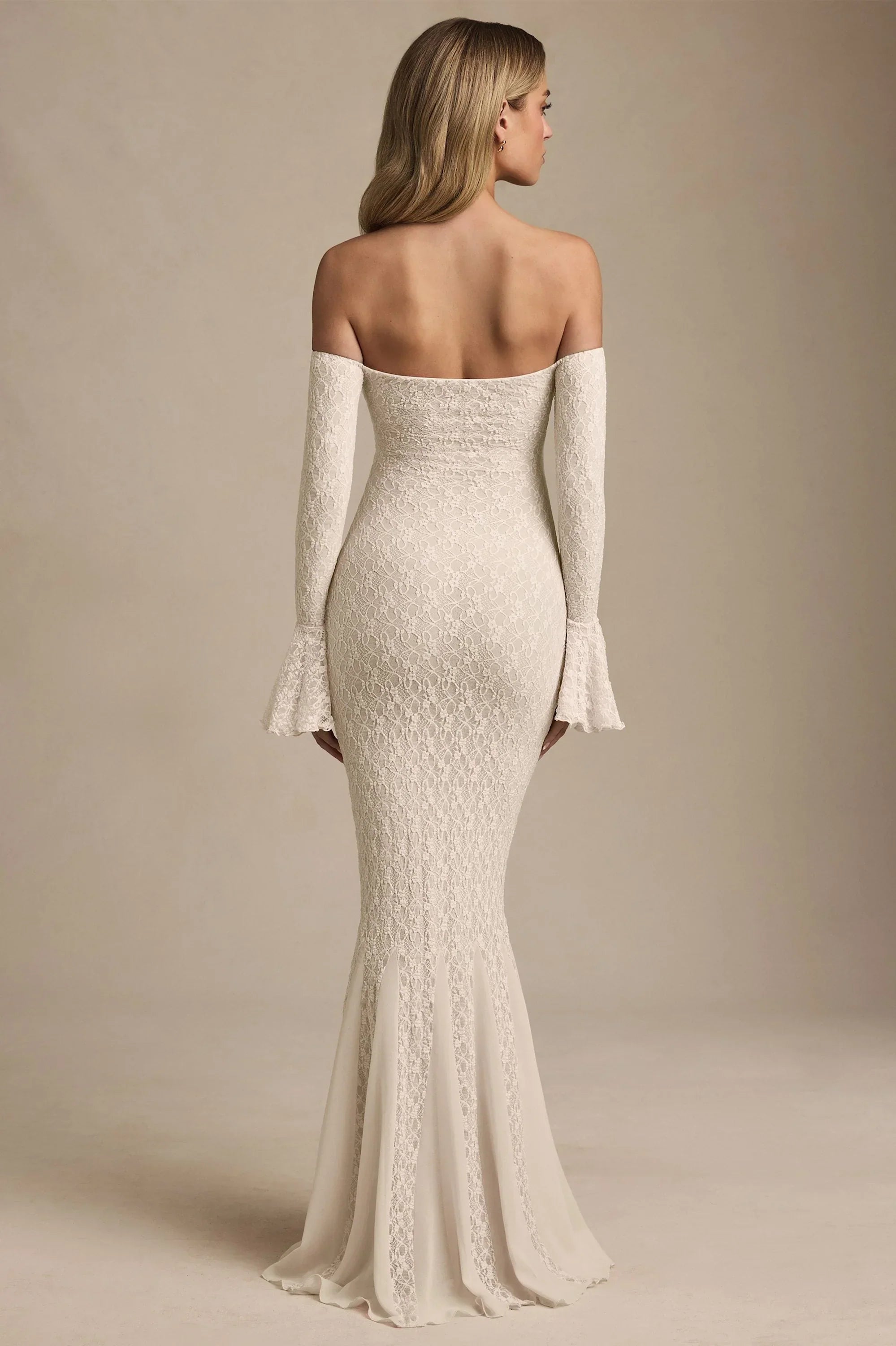 Off-Shoulder Ruffle Lace Maxi Dress in Ivory