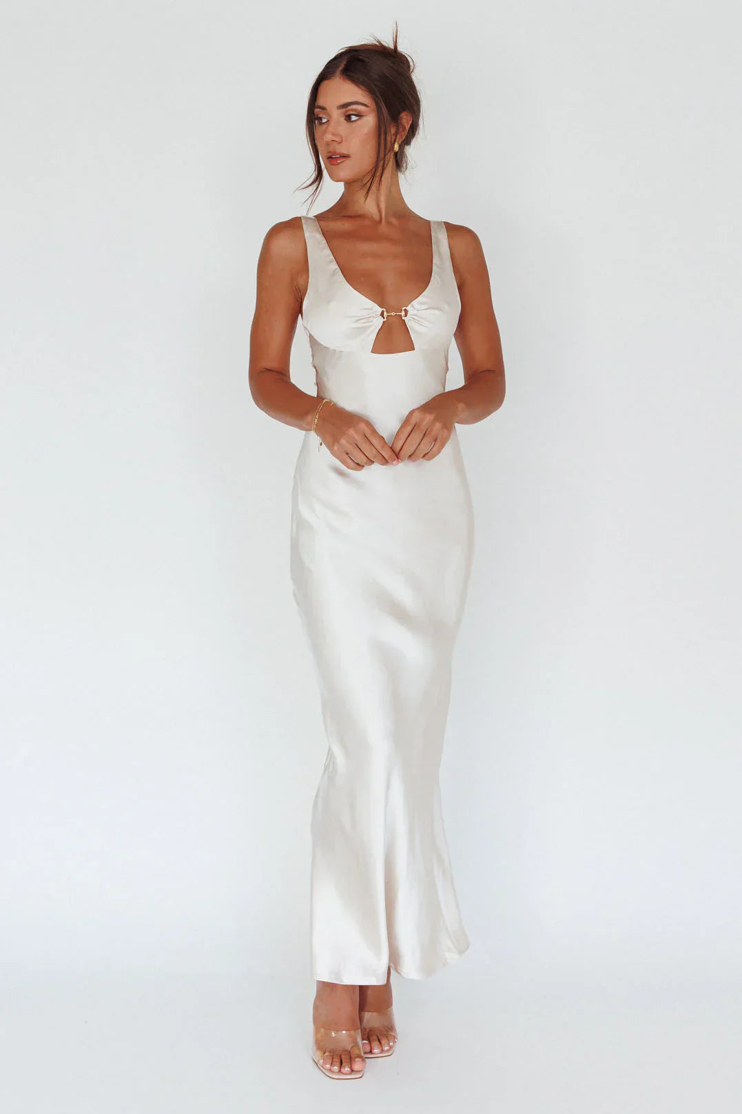 Blushing Beauty Horsebit Accent Maxi Dress Champagne