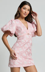 Diana Mini Dress Jacquard Short Sleeve Cut Out Dress in Light Pink