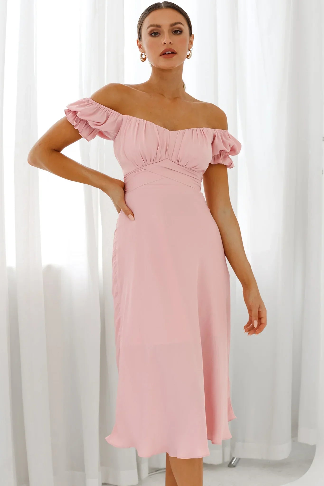 Linka Off-Shoulder Tie Back Midi Dress Blush