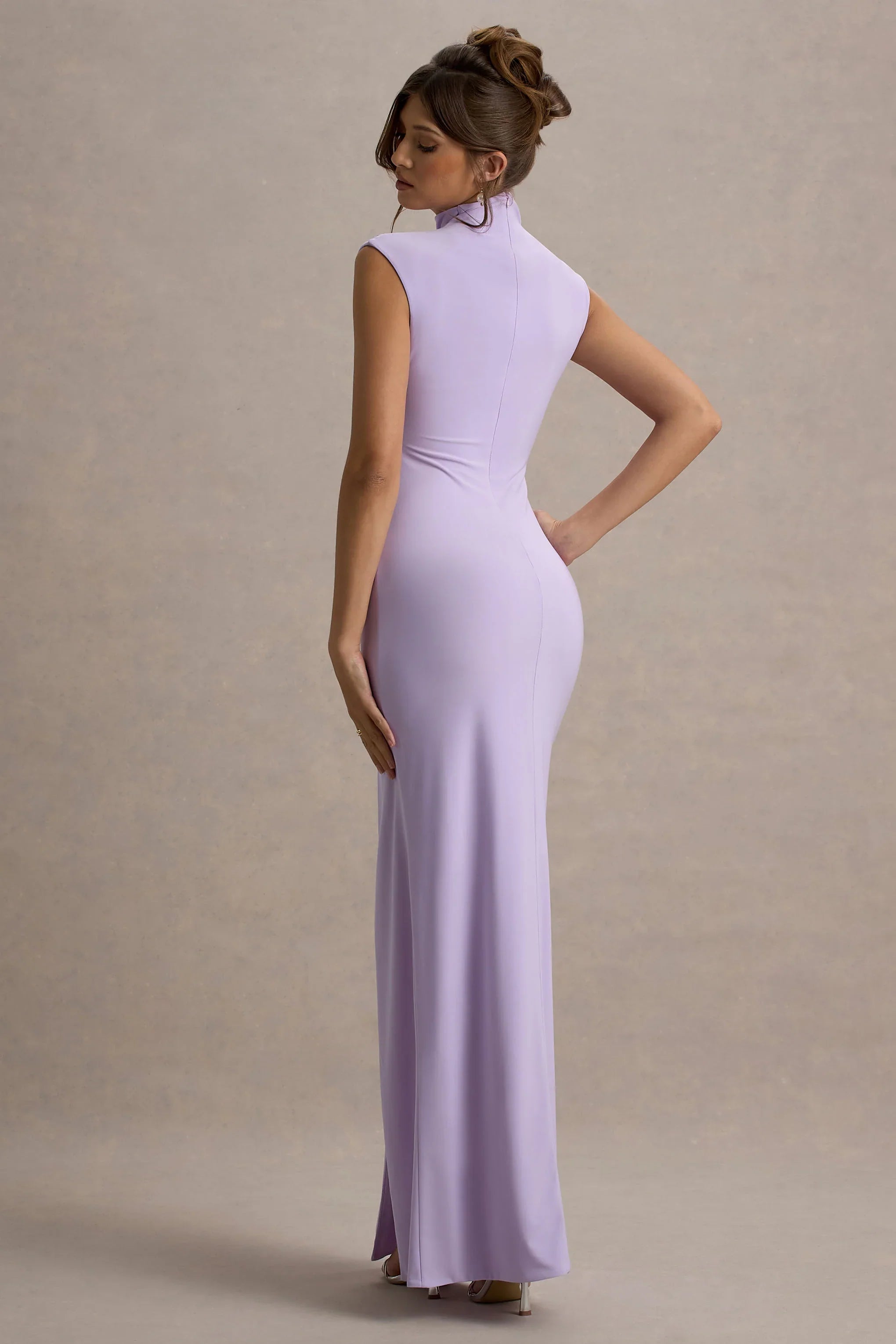 Lanetta | Lilac Ruched High-Neck Maxi Dress With Split