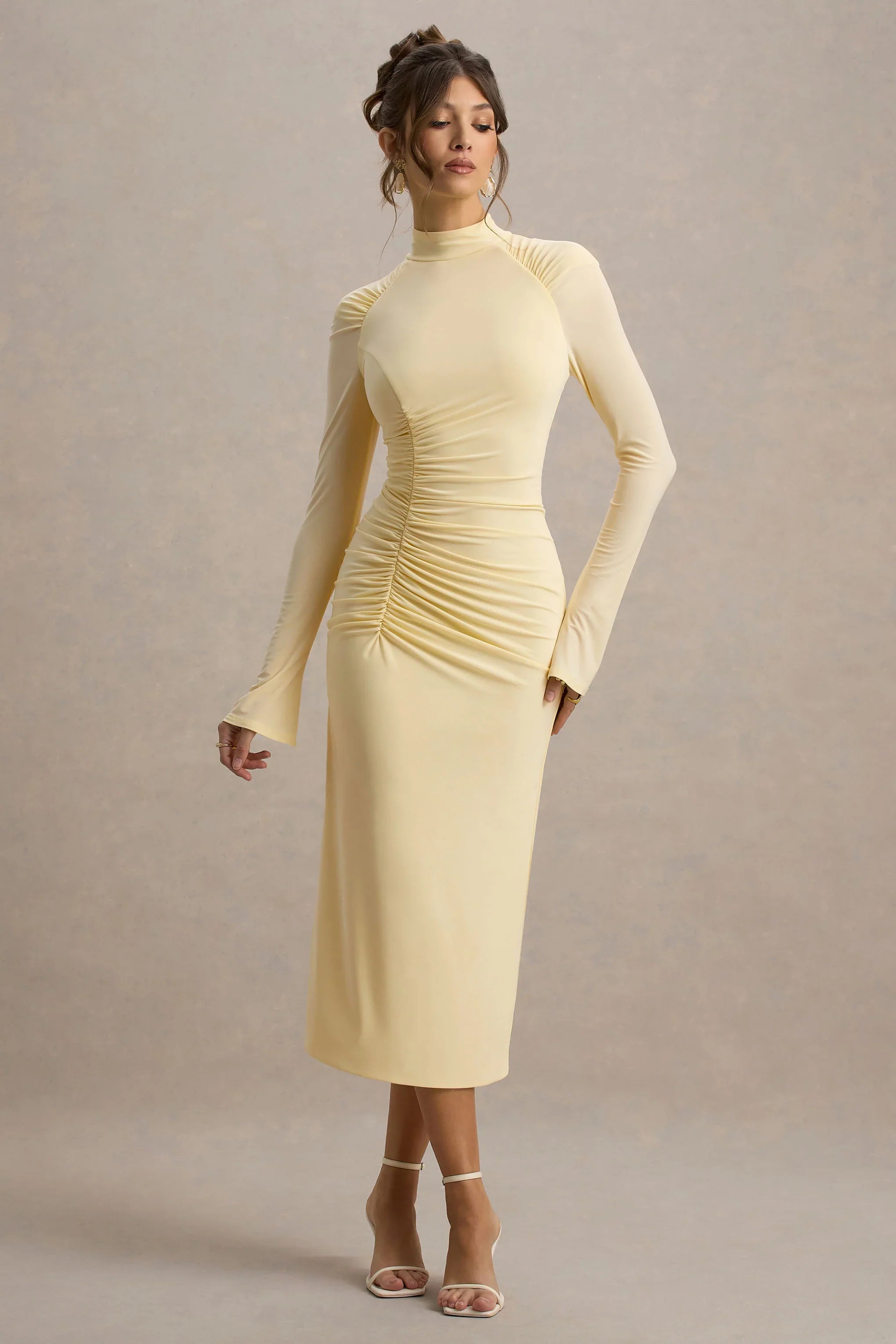 Cassandra | Pale Lemon High-Neck Long-Sleeve Midi Dress