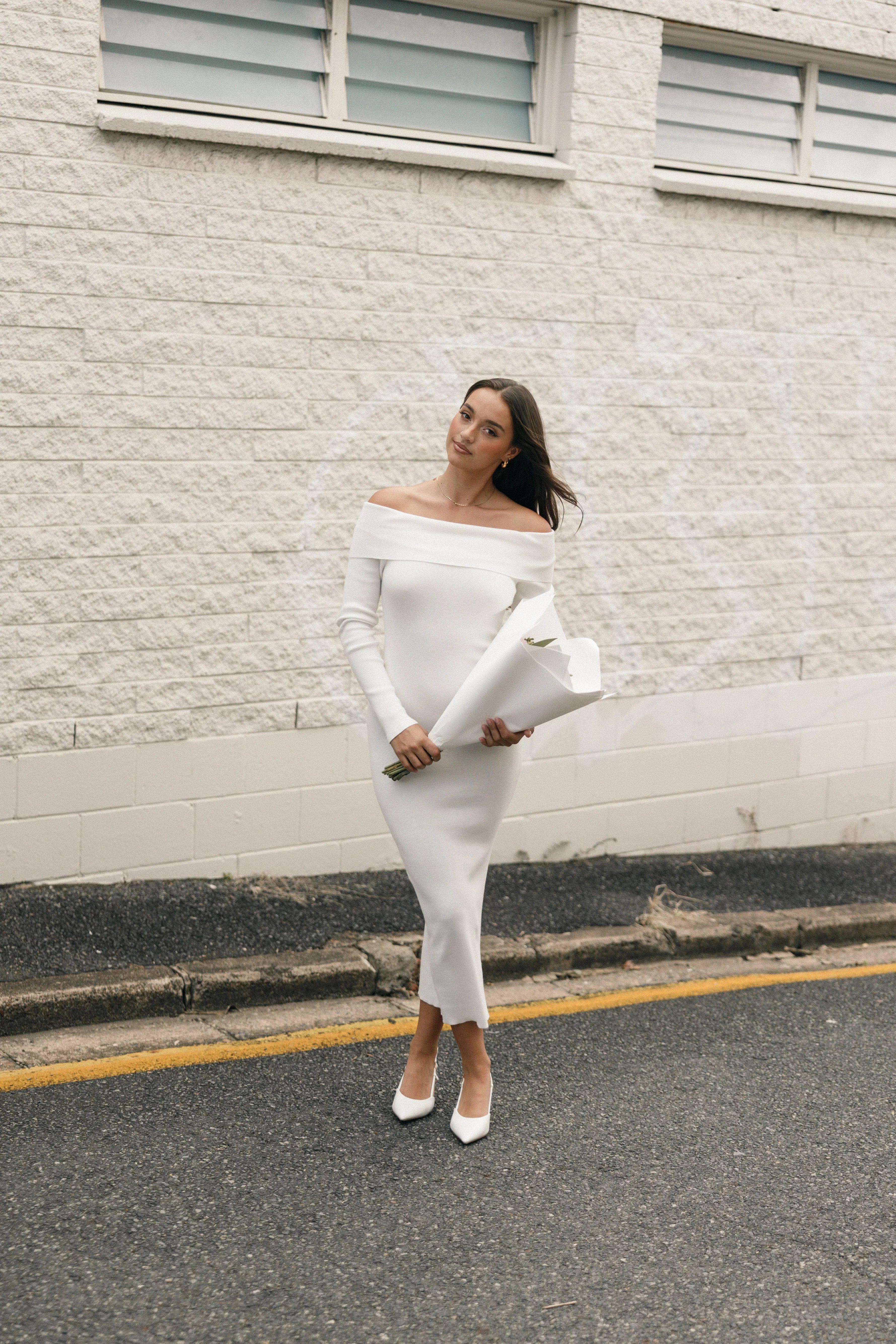 Archie Off the Shoulder Midi Dress - White