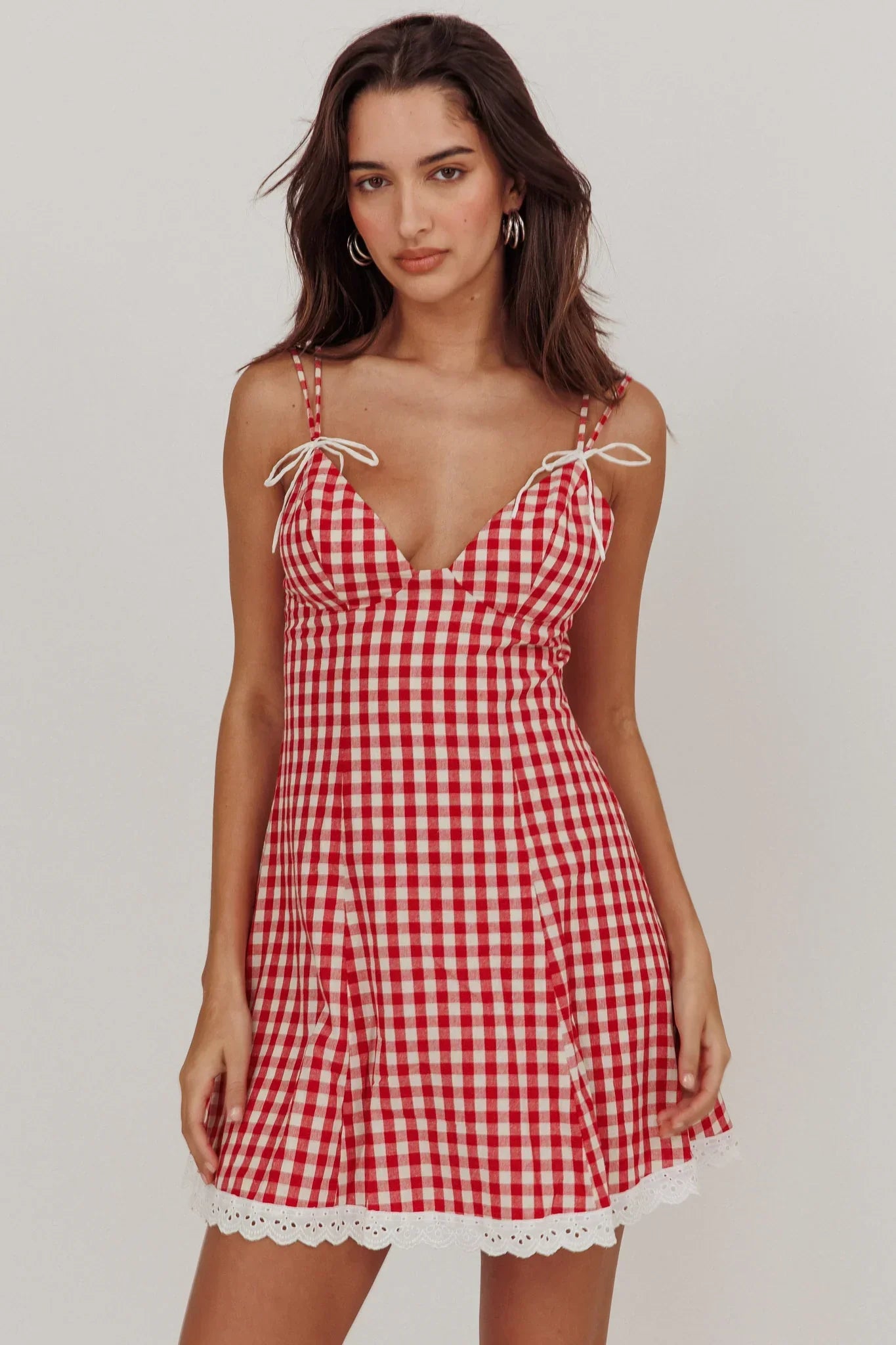 Noelle Lace Trim Mini Dress Gingham Red