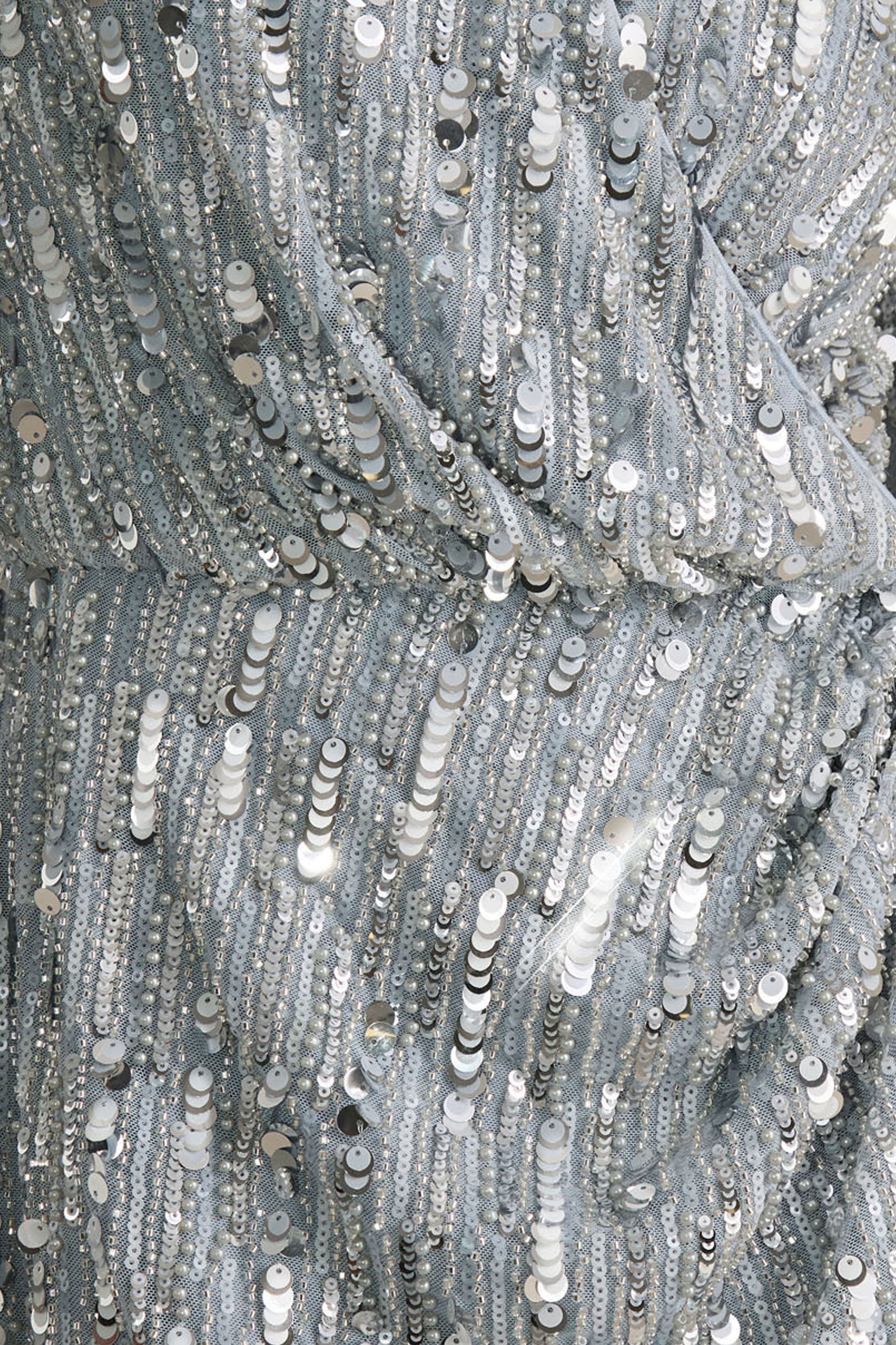 Carmina | Silver Sequin Plunge-Neck Wrap Mini Dress With Sash Detail