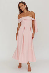 Aurora Sky Off-Shoulder Box Pleat Midi Dress Pink