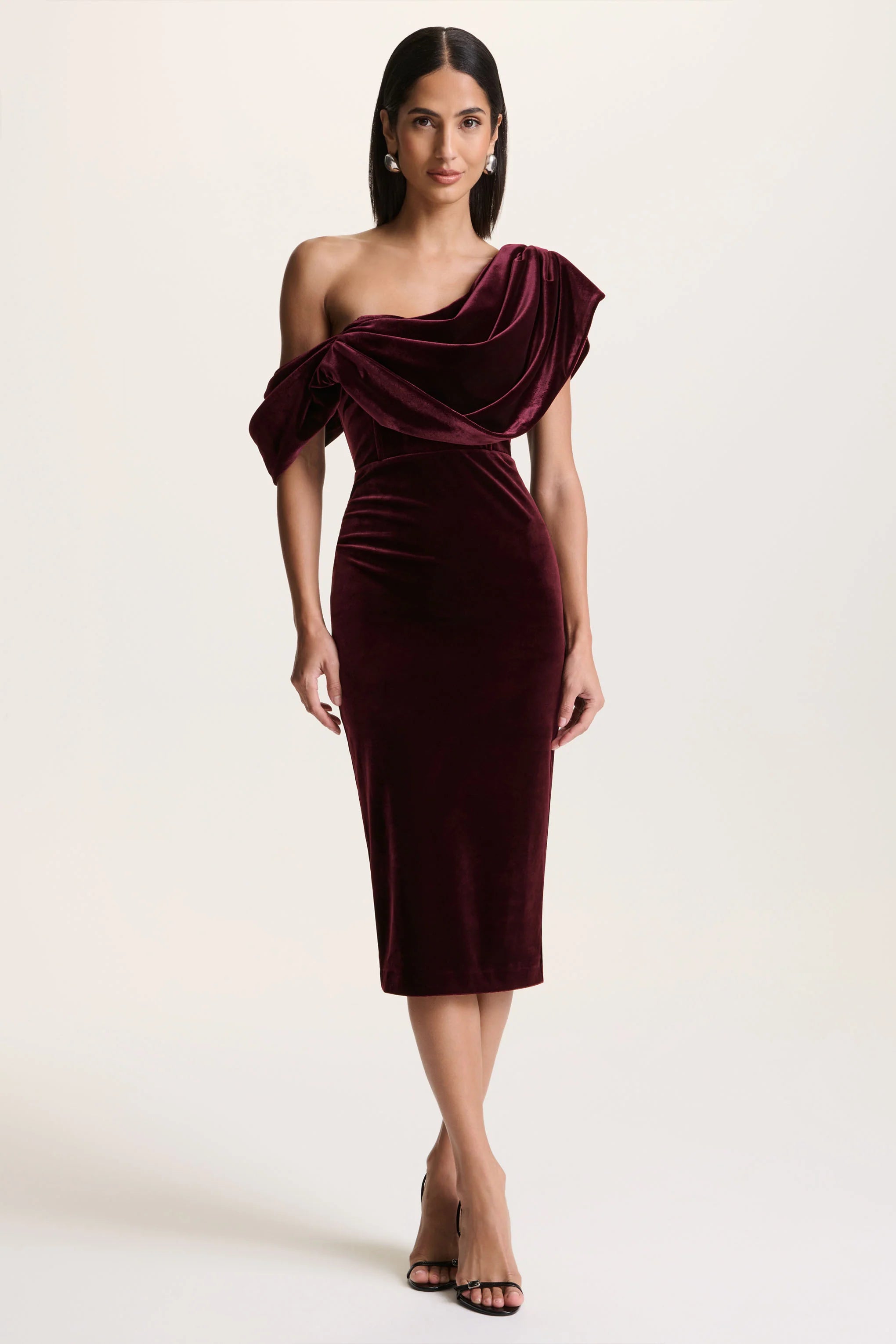 High End | Burgundy Velvet Asymmetric-Neck Midi Dress With Draped Detailing