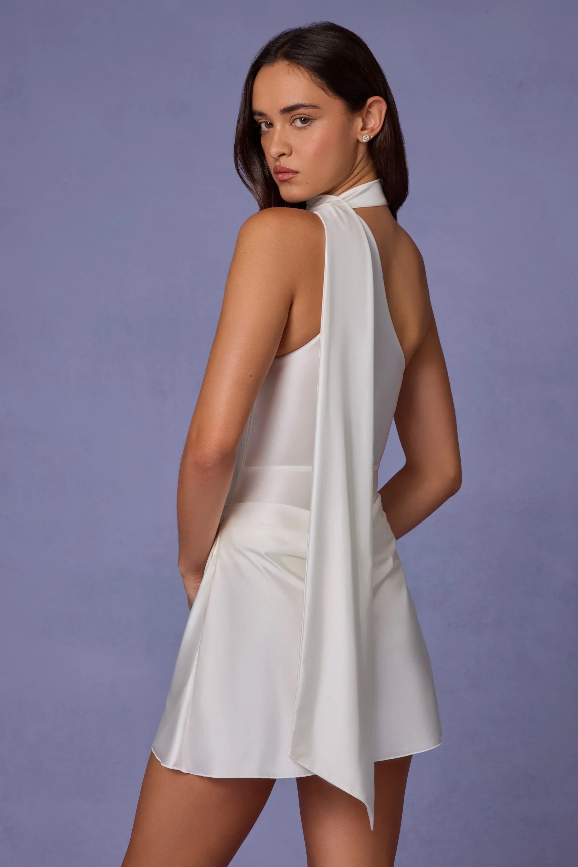 Asymmetric Scarf-Detail Mini Dress in White