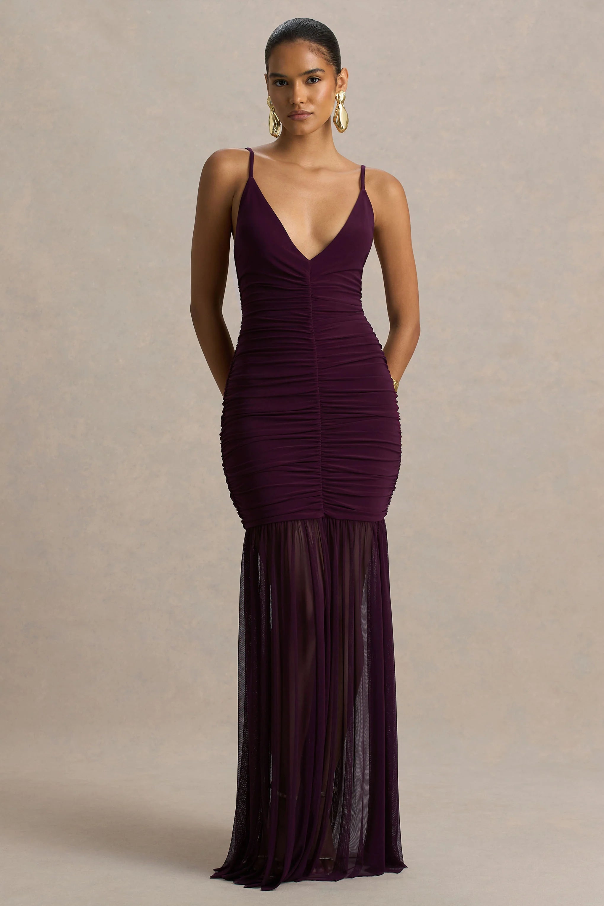 Pasqualina | Plum Ruched Plunge-Neck Maxi Dress