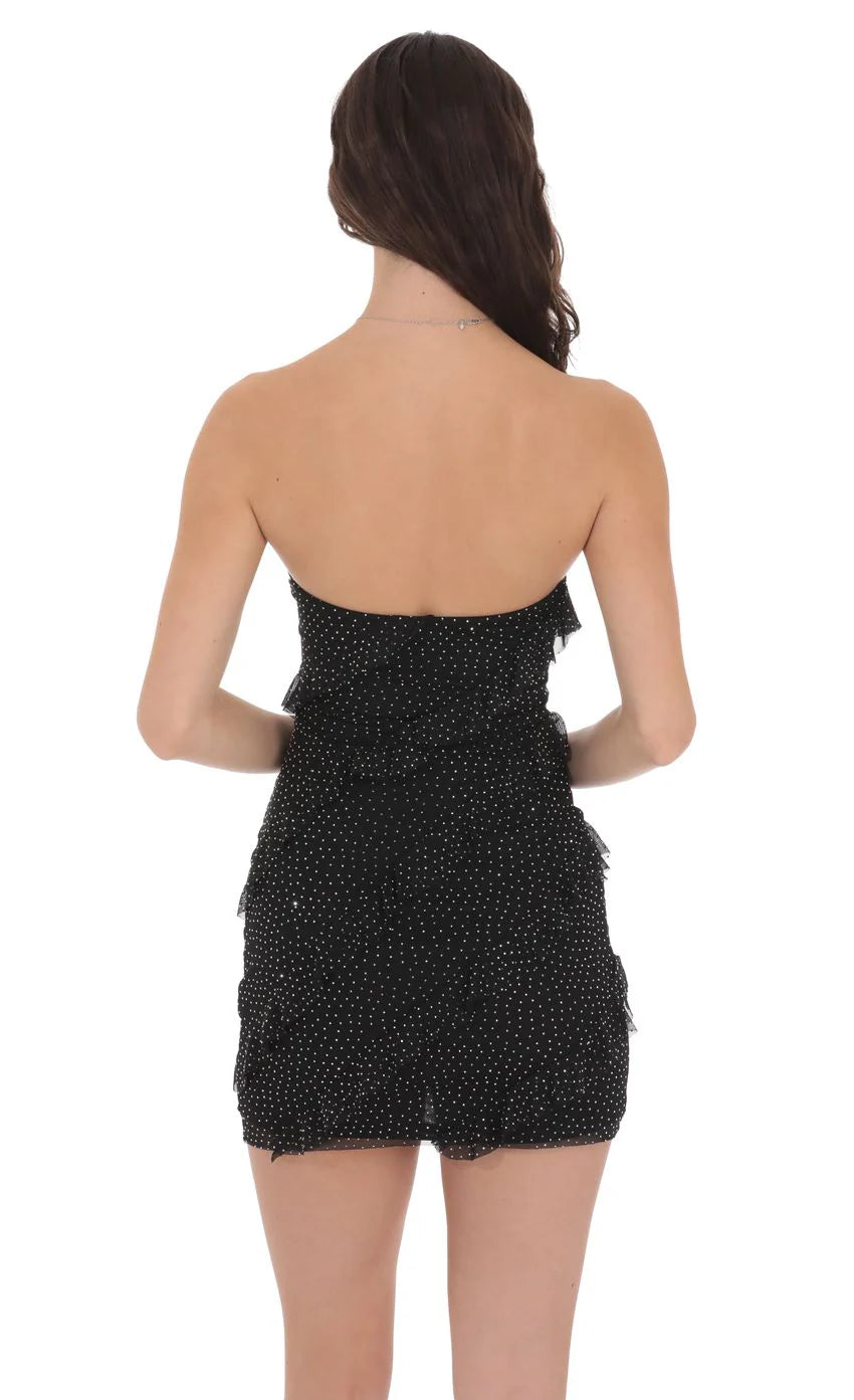 Mesh Rhinestone Strapless Ruffle Dress in Black