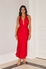 Gold Romance Halter Satin Maxi Dress