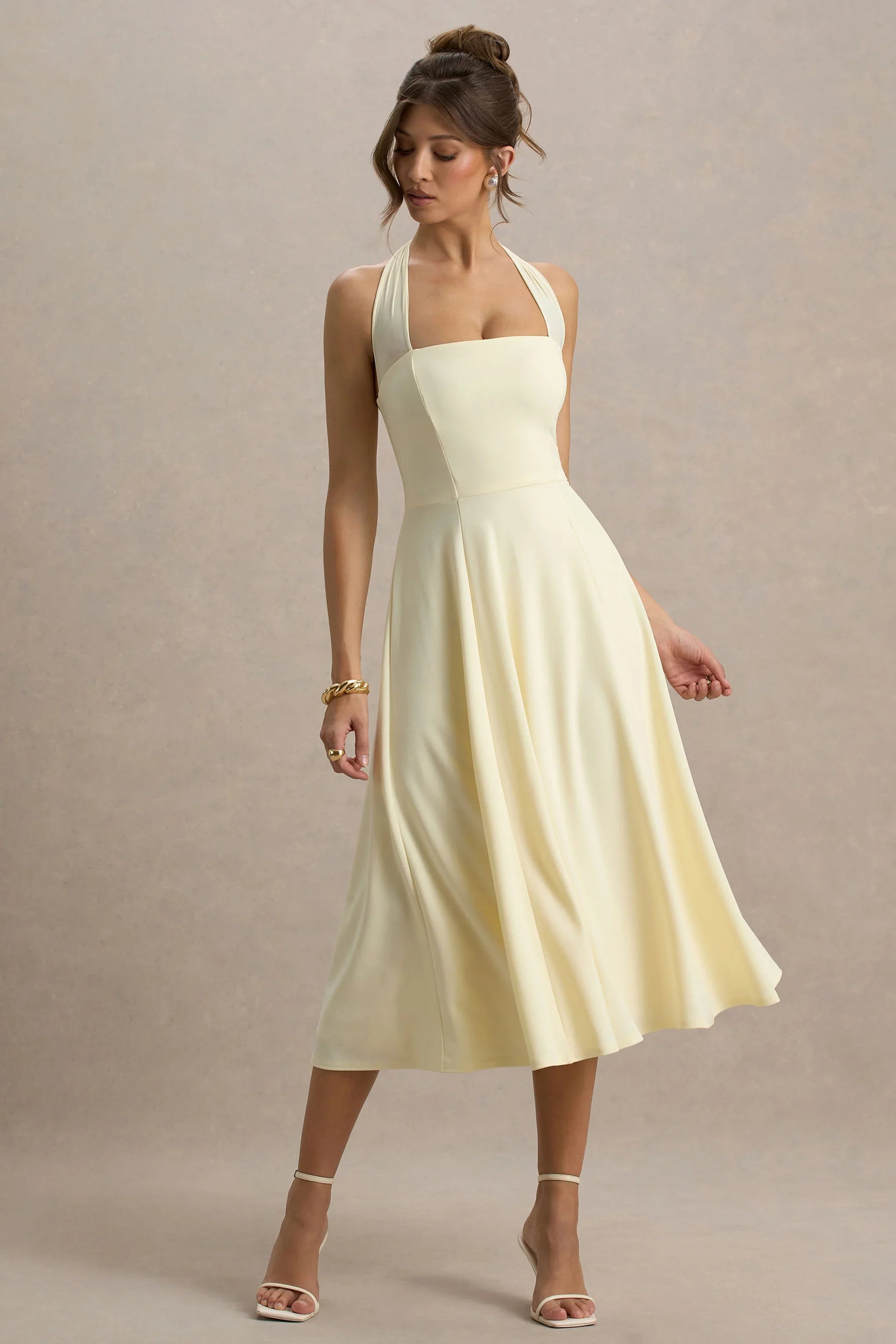 Auburn | Pale Lemon Halter-Neck Midi Dress
