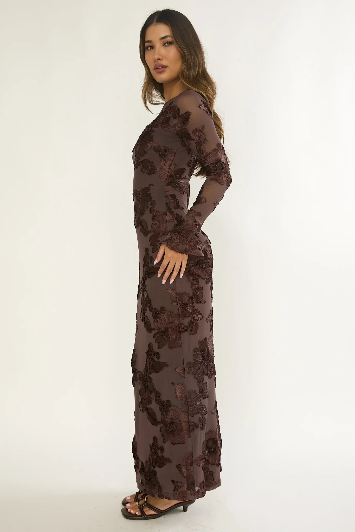 Helsi Long Sleeve Embellished Maxi Dress Brown