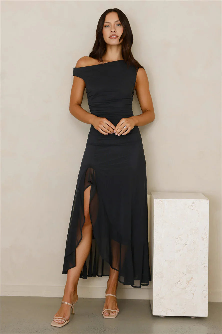 Effortless Girl Off Shoulder Mesh Midi Dress