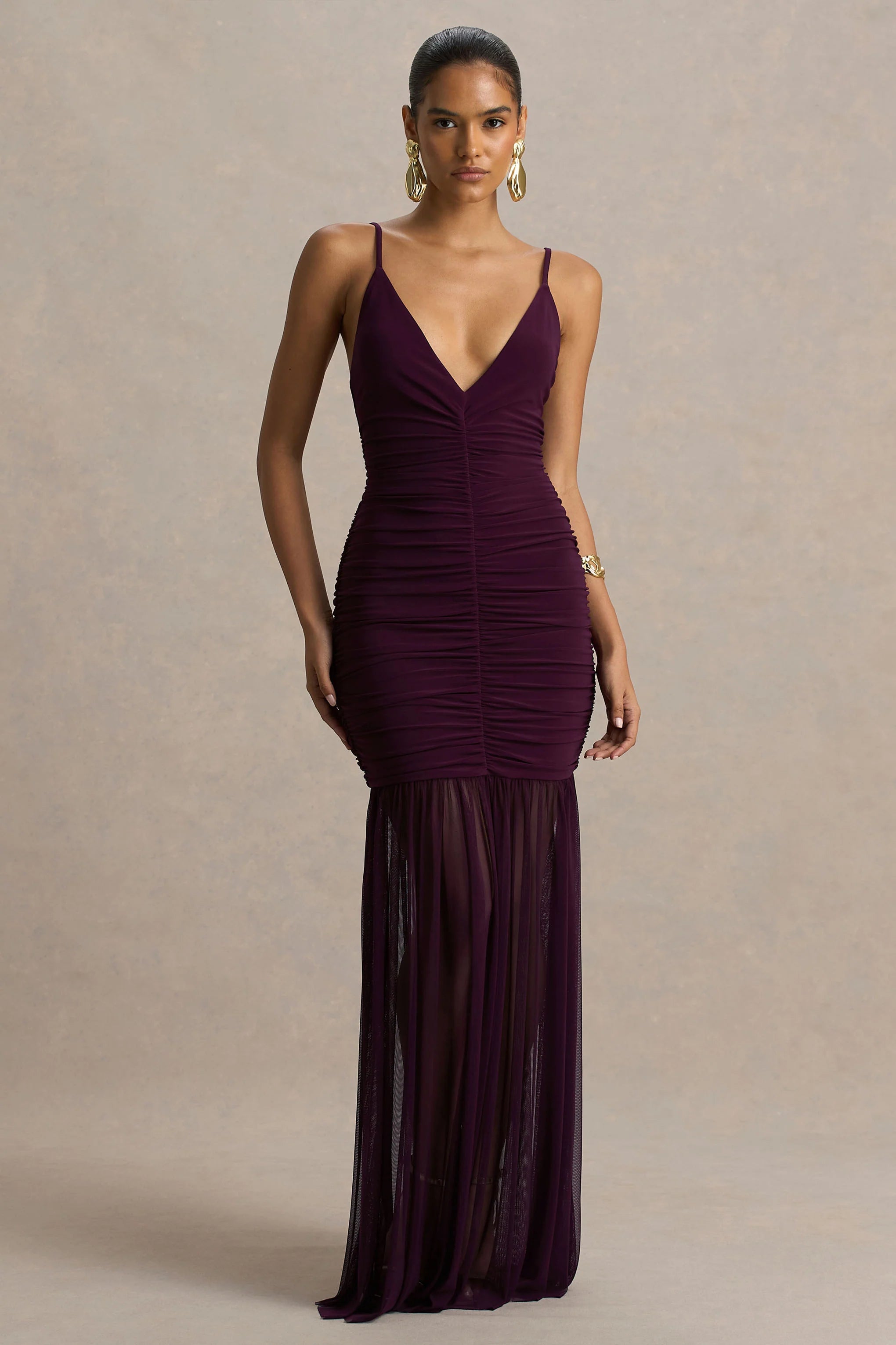 Pasqualina | Plum Ruched Plunge-Neck Maxi Dress