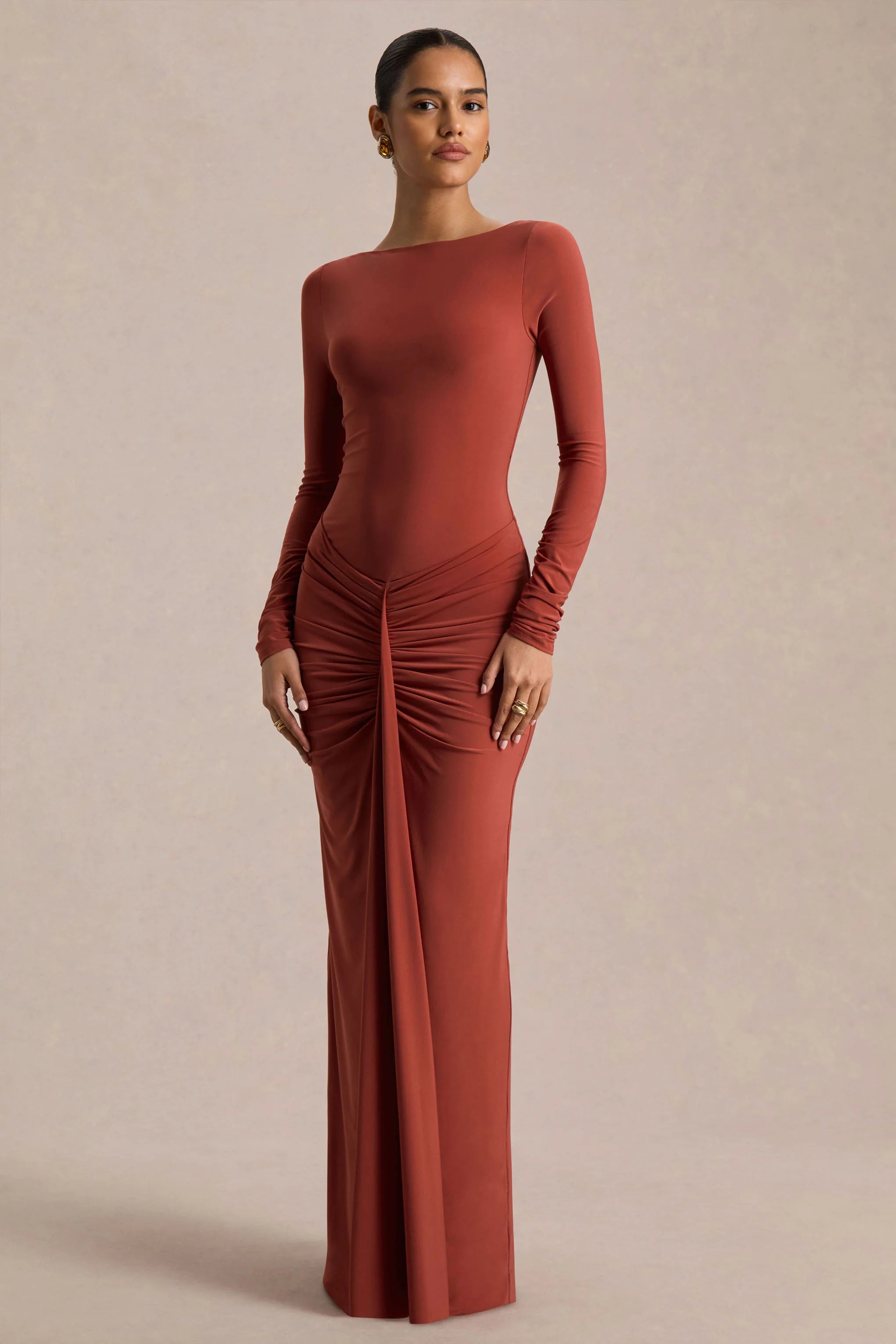 Matilda | Rust Boat-Neck Maxi Dress With Ruched Detailing