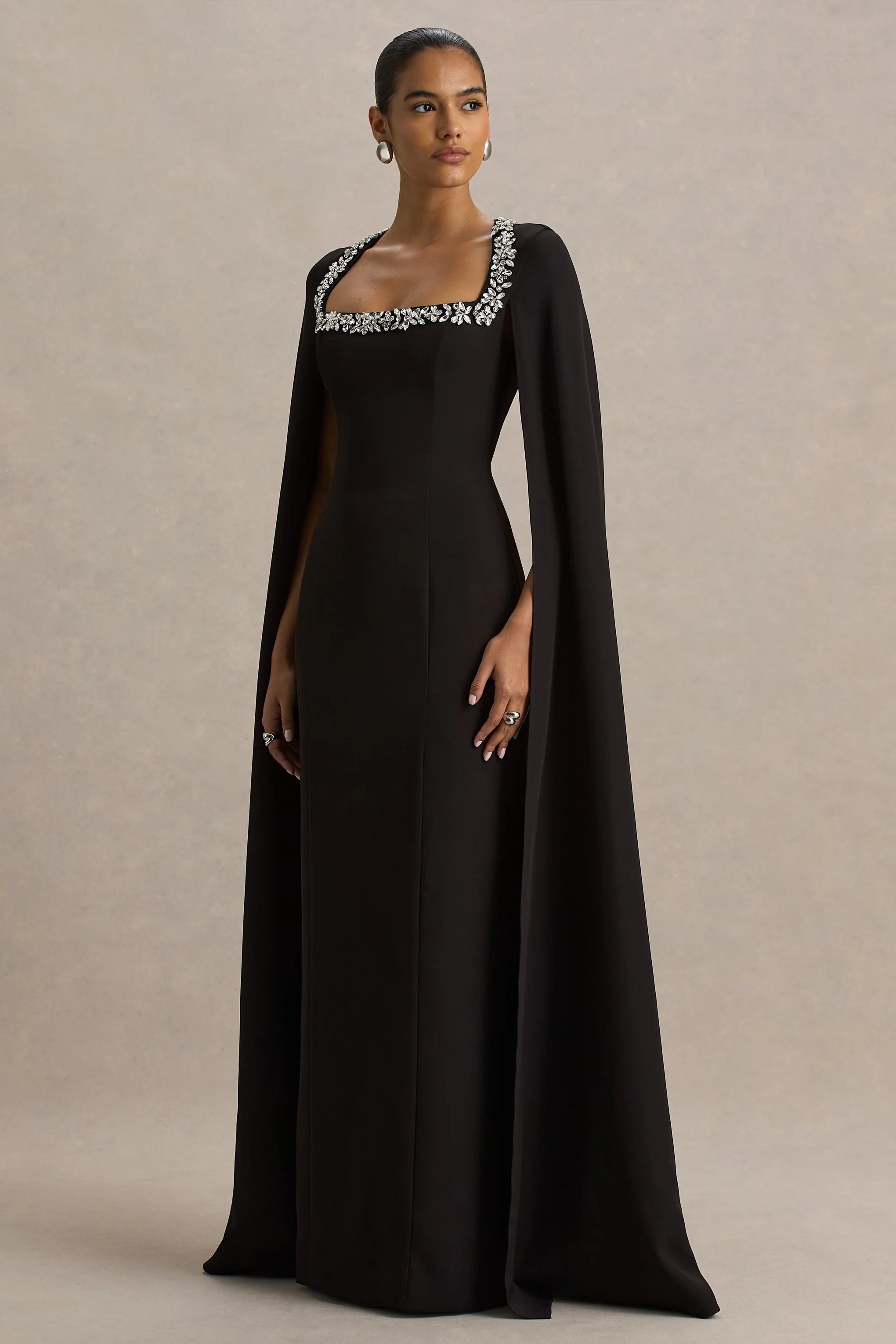 Glossy | Black Woven Square-Neck Maxi Dress With Cape Sleeves and Hand-Embellished Detail