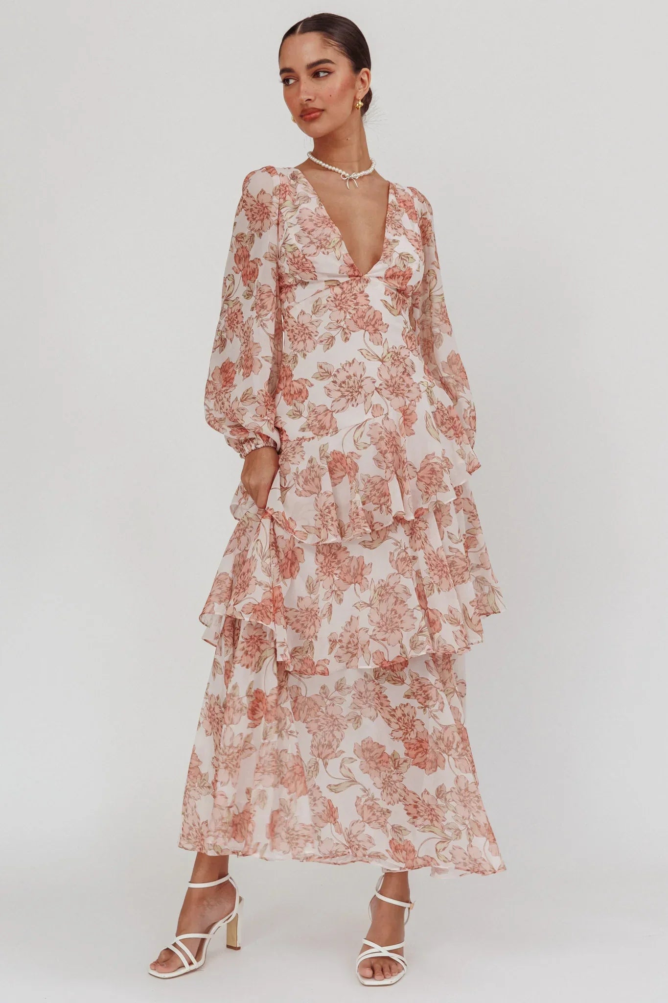Veda Long Sleeve Floral Tiered Ruffle Maxi Dress Peach