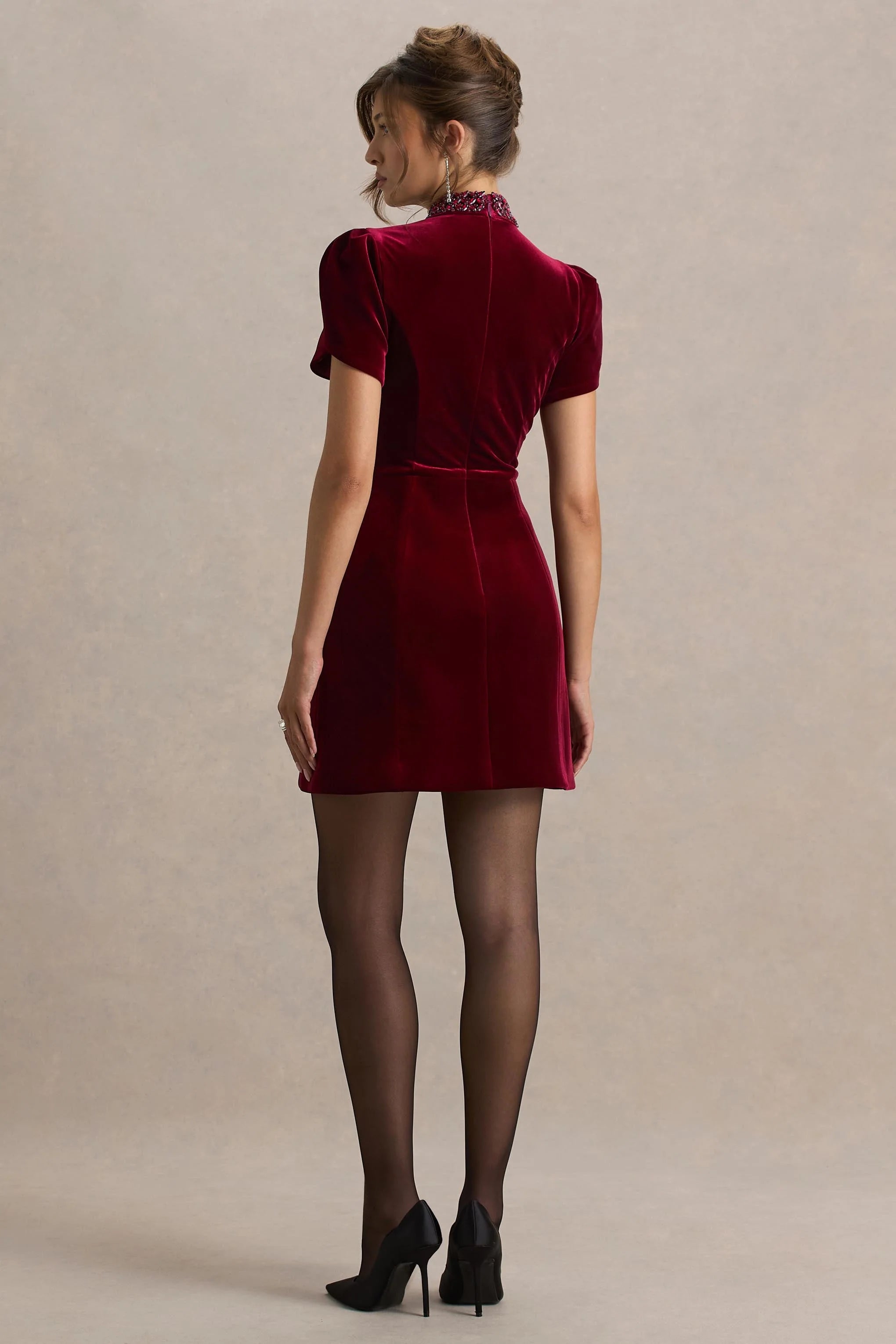 Margot | Burgundy High-Neck Velvet Mini Dress With Embellished Detail