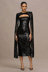 Adeline | Black Sequin Crew-Neck Midi Dress With Cape Sleeves