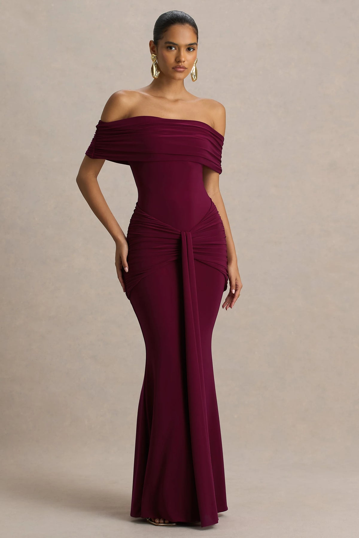 Envisioned | Burgundy Bardot-Neck Maxi Dress With Gathered And Drape Detail