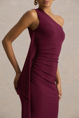 Adelina | Burgundy One-Shoulder Maxi Dress With Drape