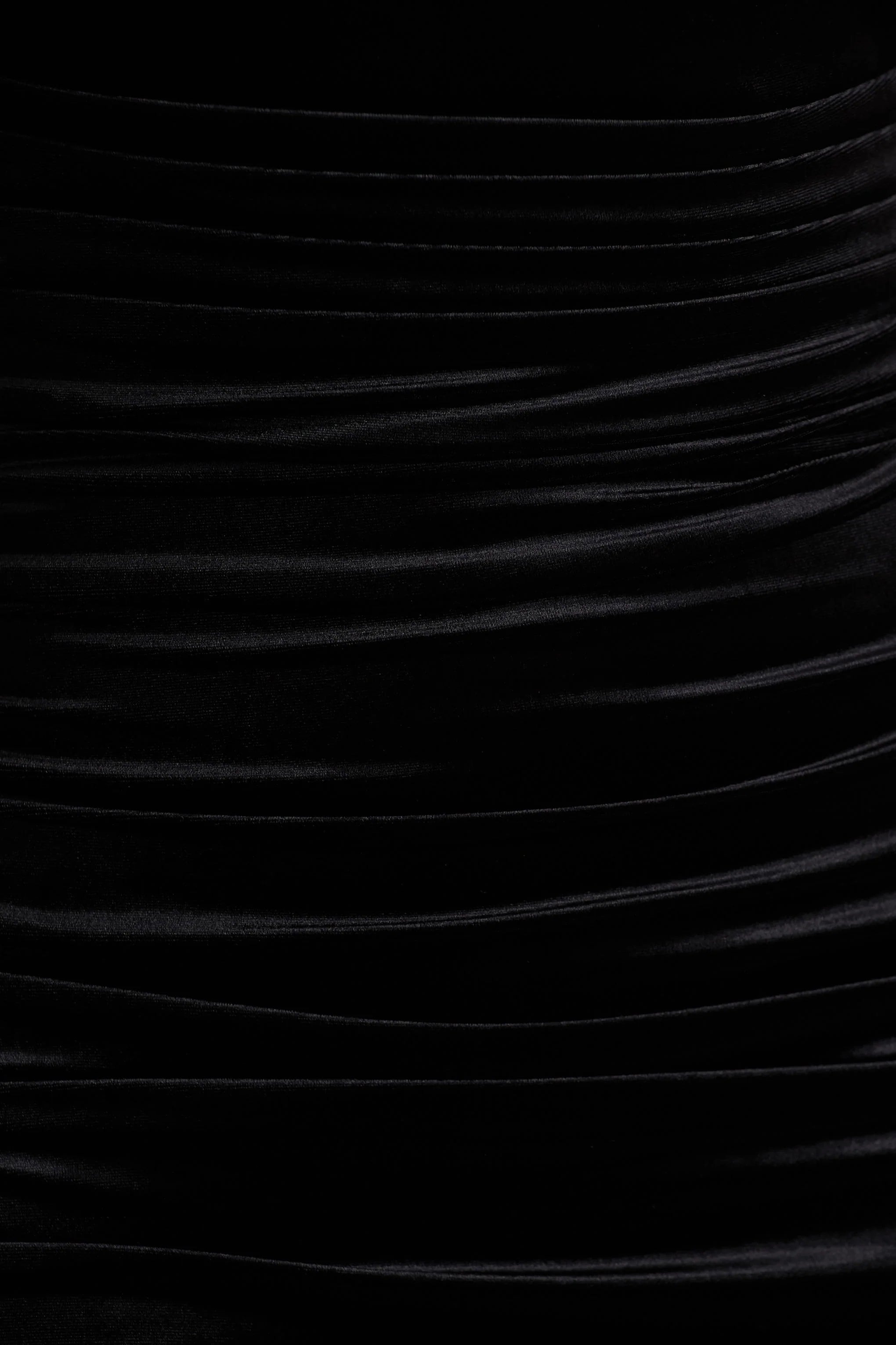 Chrissy | Black Velvet Square-Neck Midi Dress With Mesh-Sleeves And Ruched Detailing