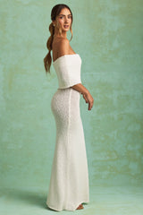 Bouclé Off-Shoulder Maxi Dress in White