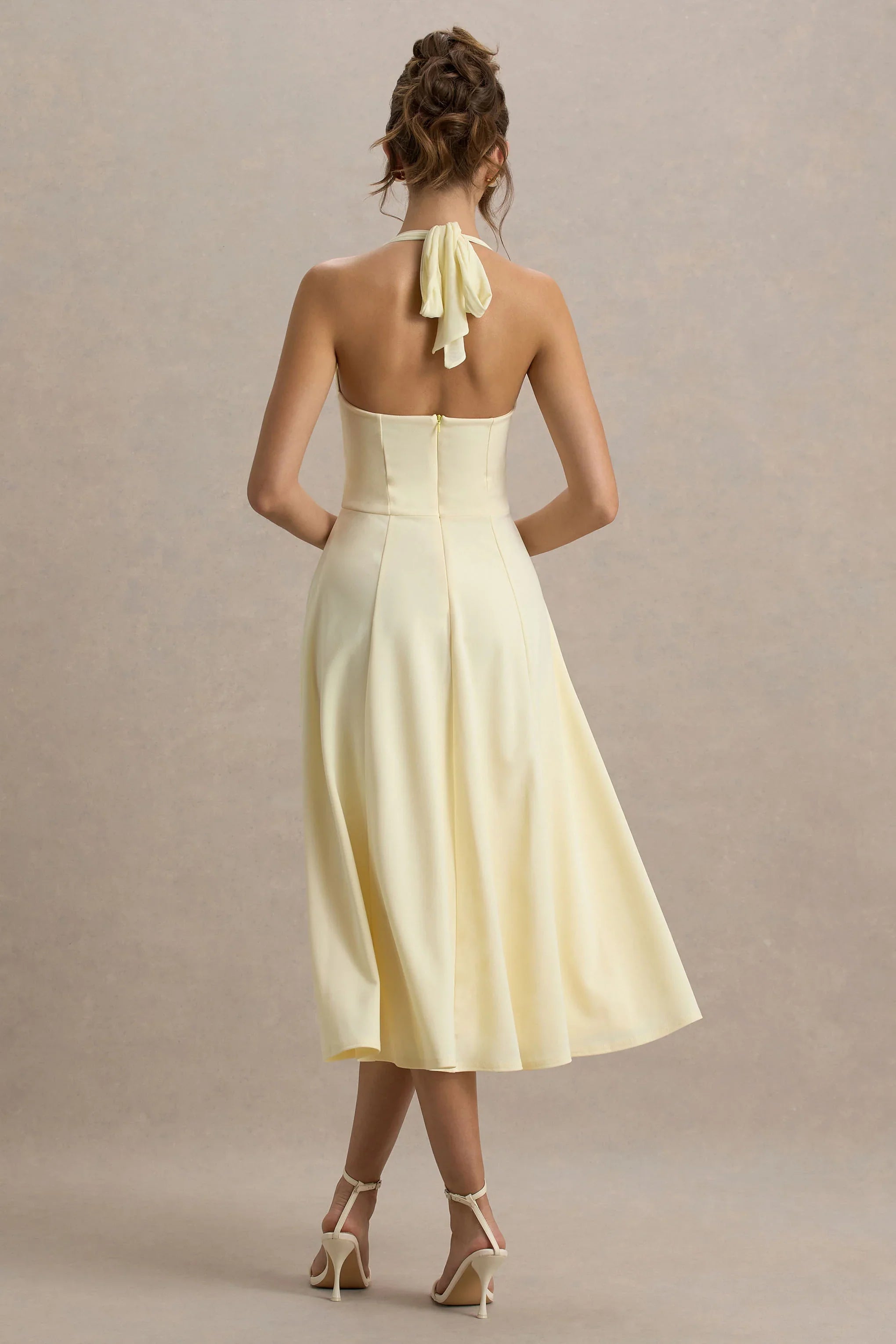 Auburn | Pale Lemon Halter-Neck Midi Dress
