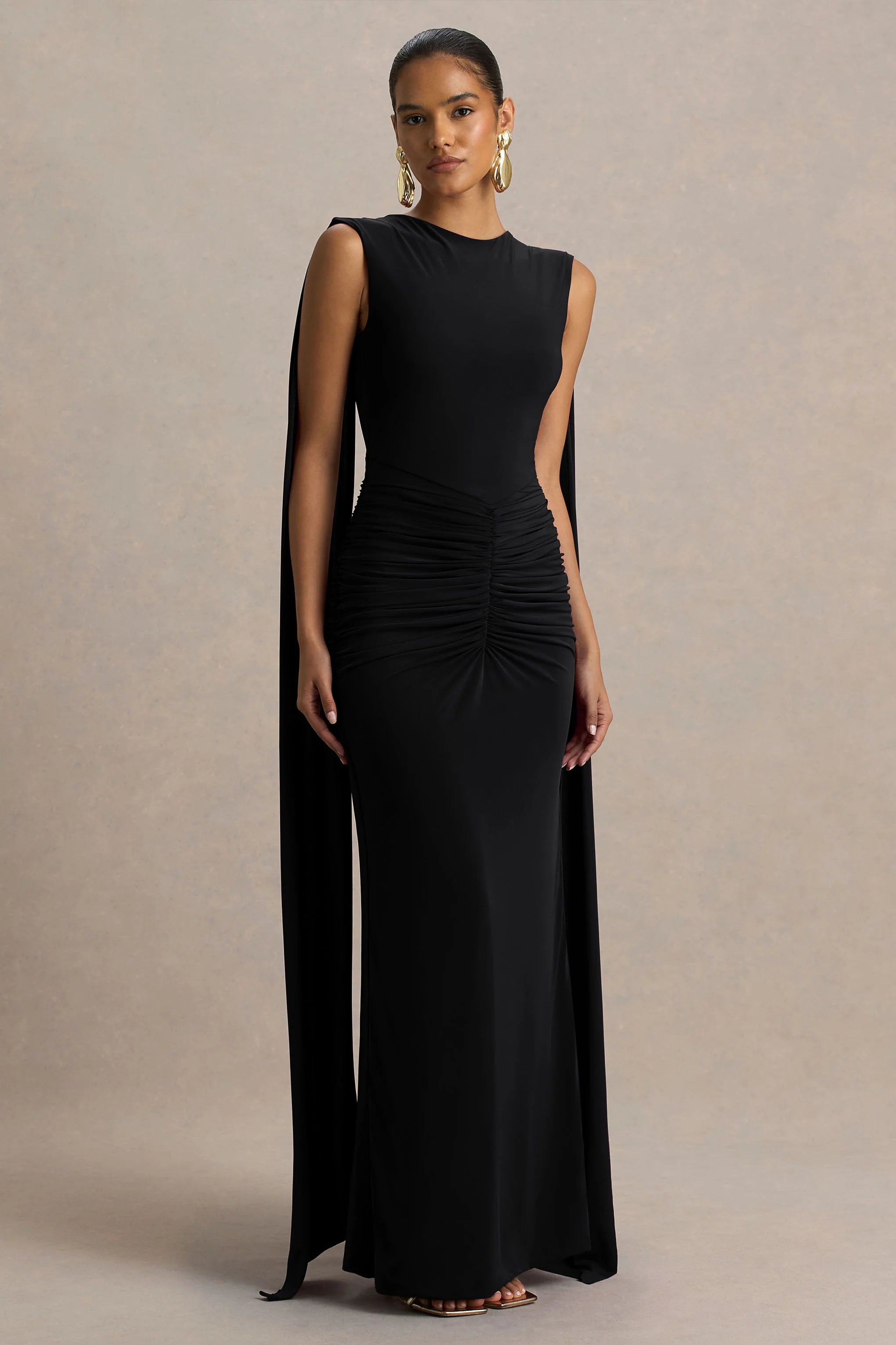 Premiere | Black Boat-Neck Maxi Dress With Open-Back And Cape-Sleeves