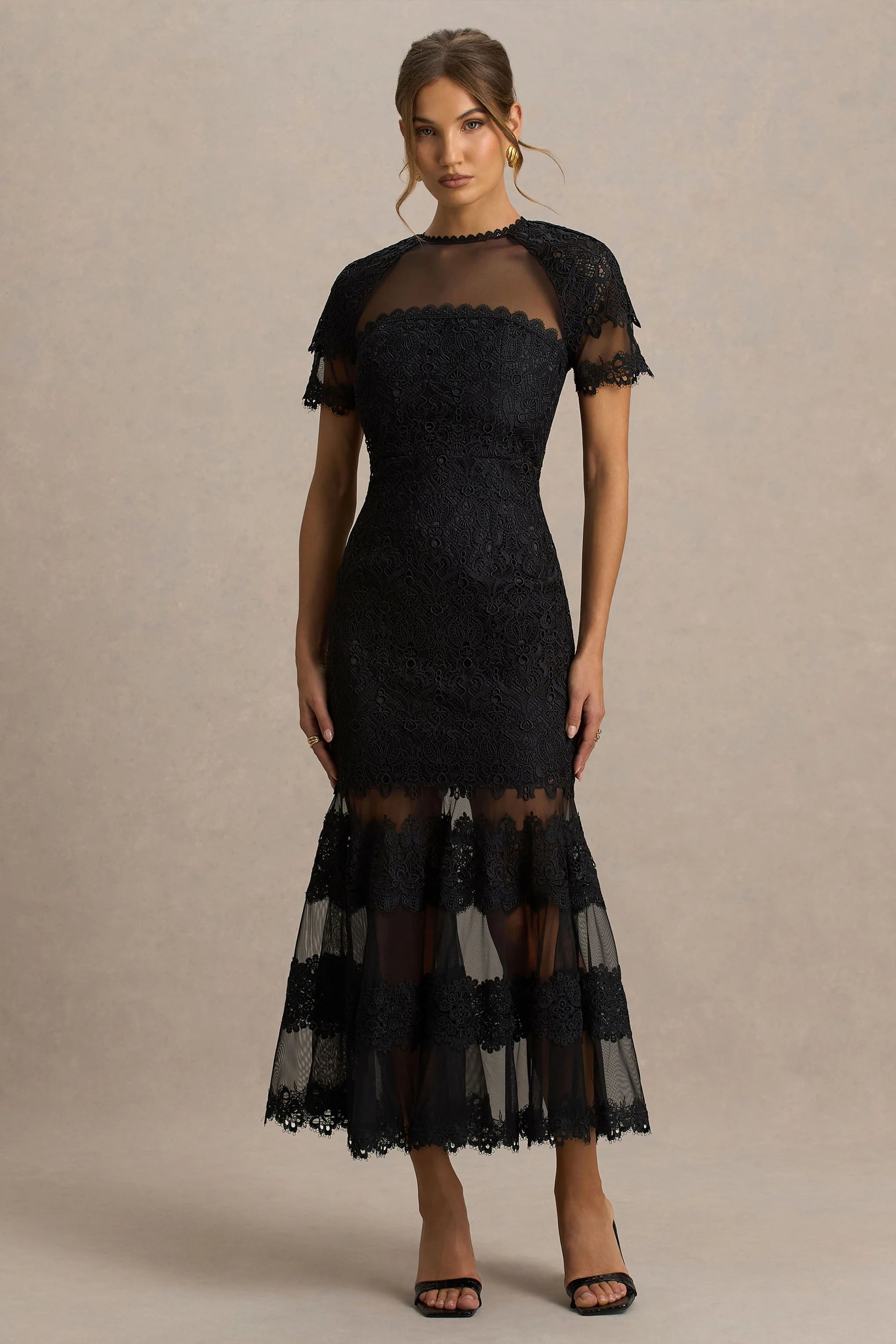 Leanne | Black Mesh And Lace Crew-Neck Fishtail Midi Dress