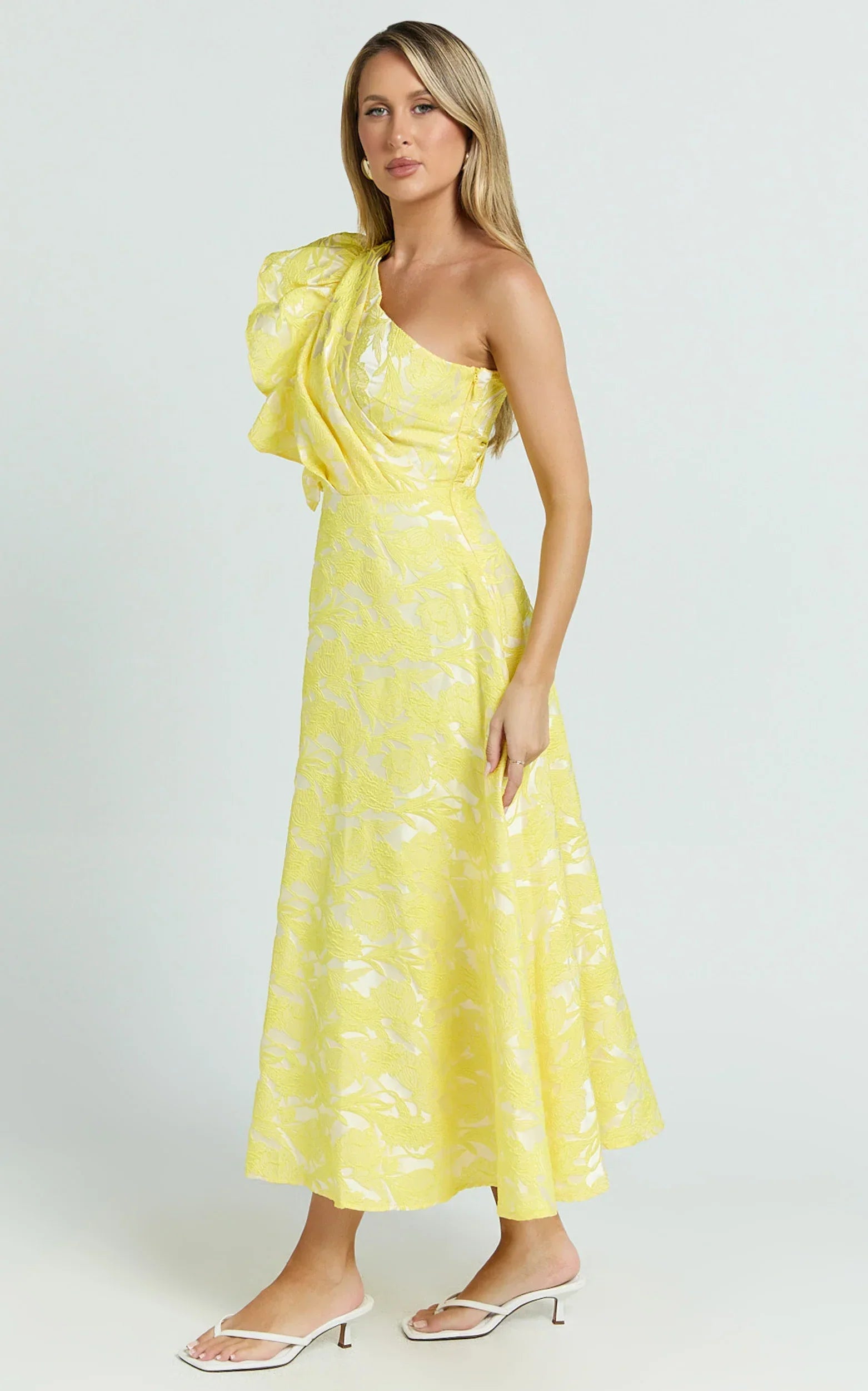 Alfreda Midi Dress One Shoulder Ruffle Detail Brailey Jacquard Dress in Yellow