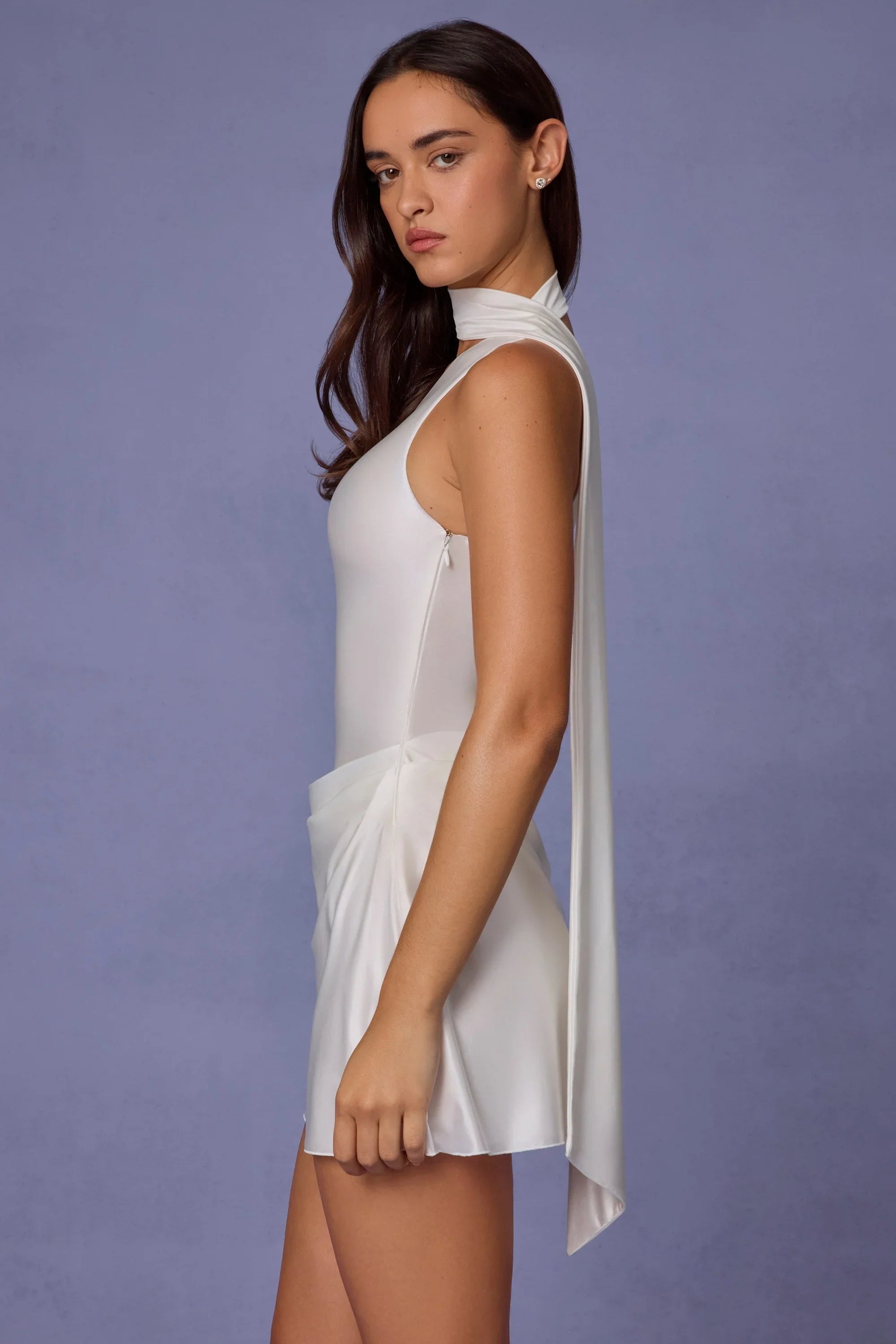 Asymmetric Scarf-Detail Mini Dress in White
