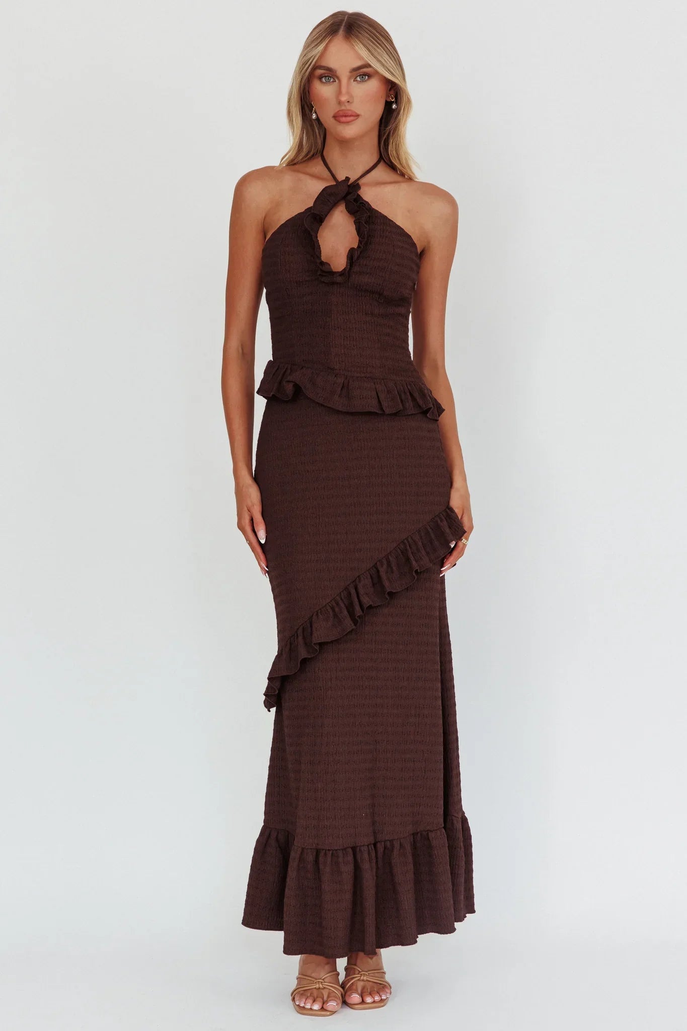 Clemence Smocked Frill Trim Maxi Dress Chocolate