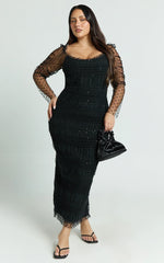 Evelyn Midi Dress Long Sleeve Shirred Tulle Dress in Black Polka