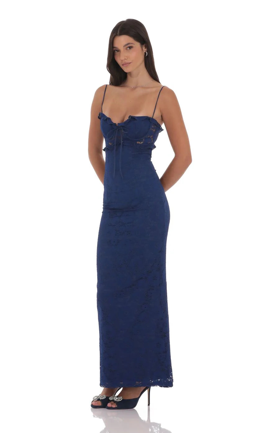 Lace Cutout Maxi Dress in Blue