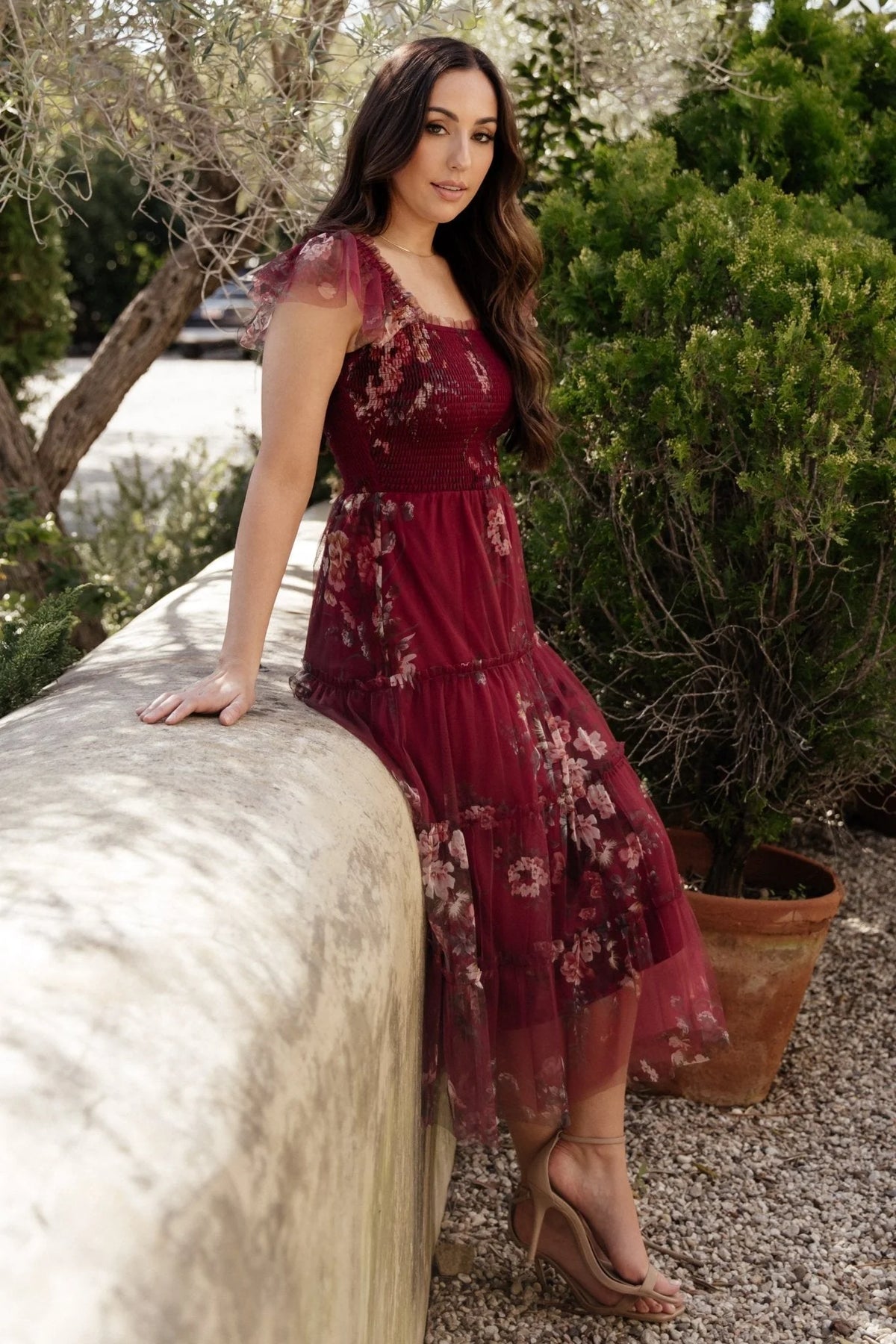 Clementine Tulle Midi Dress | Wine Multi